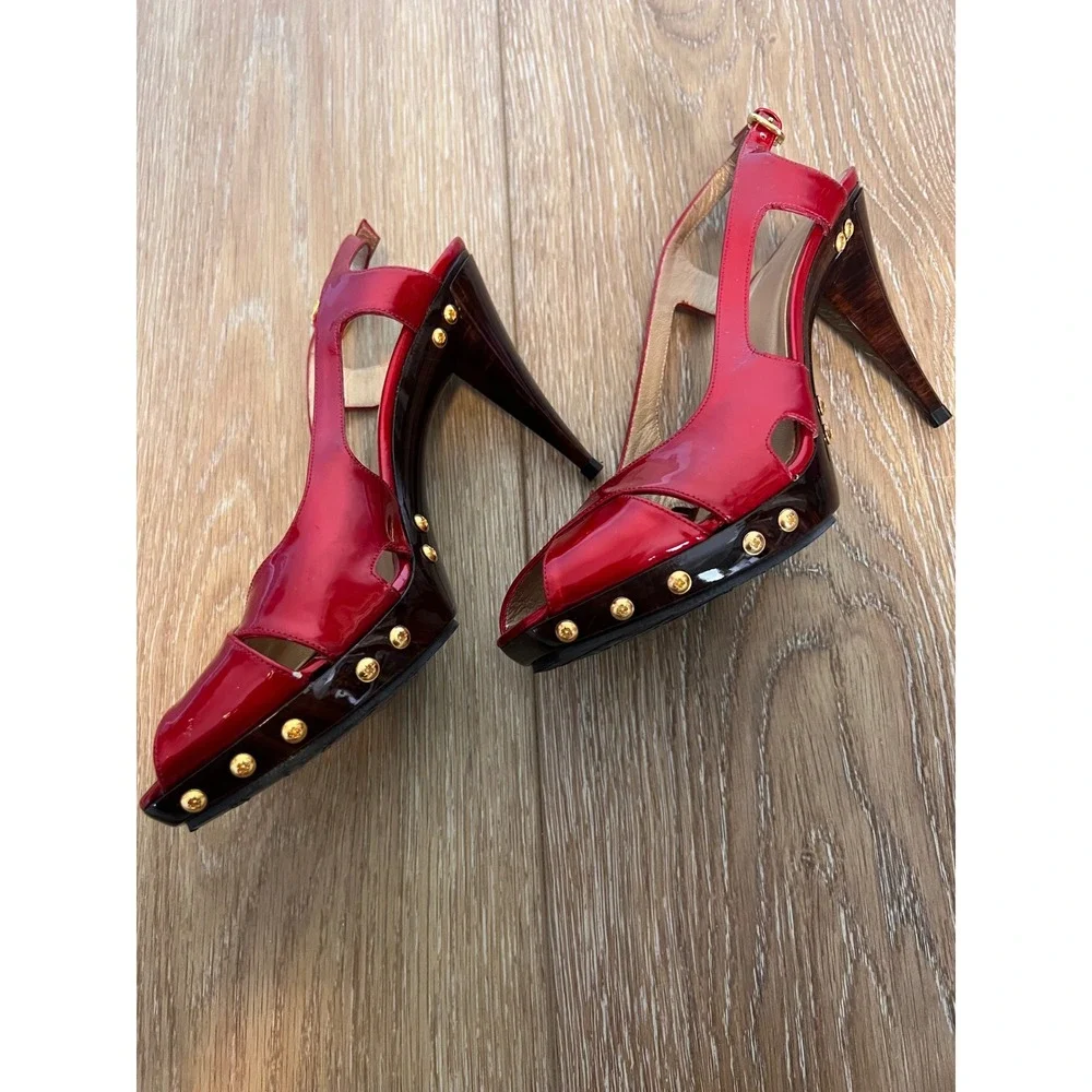 Stuart Weitzman Blenny Platform Heels Womens Size 7.5 Red Slingback Stud‎ Shoes - Picture 7 of 11